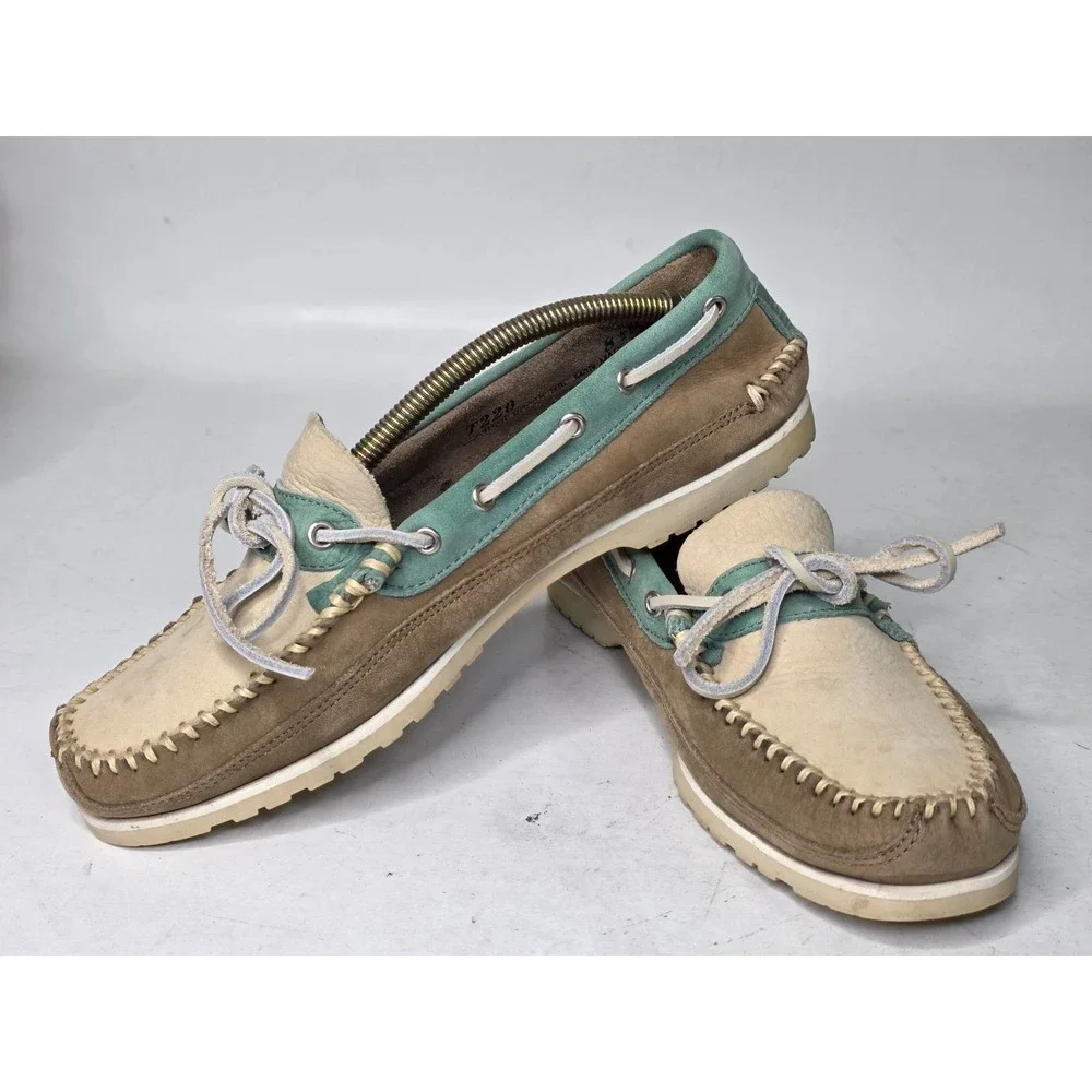 GH Bass Men's Boat Shoes Size 8.5 Brown Teal‎ Beige Suede Slip On Arch Loafers
